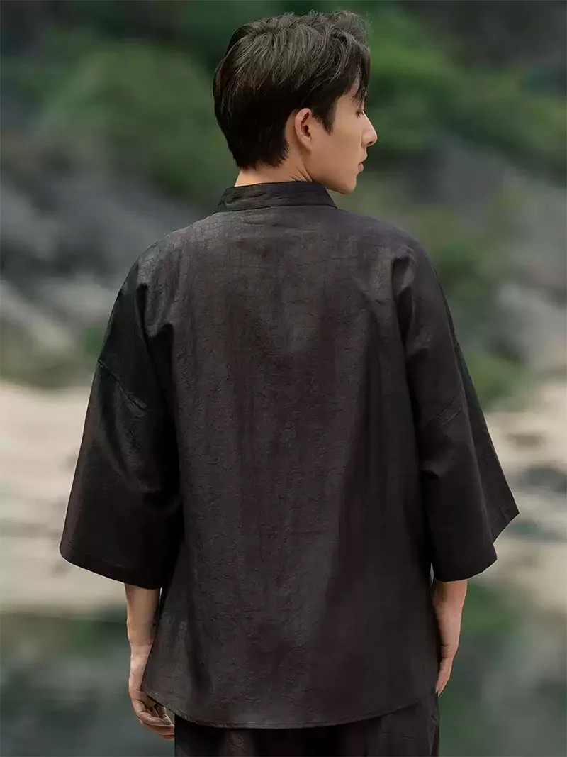 Chinese tang suit men’s short sleeve silk shirt with stand collar and elegant black design