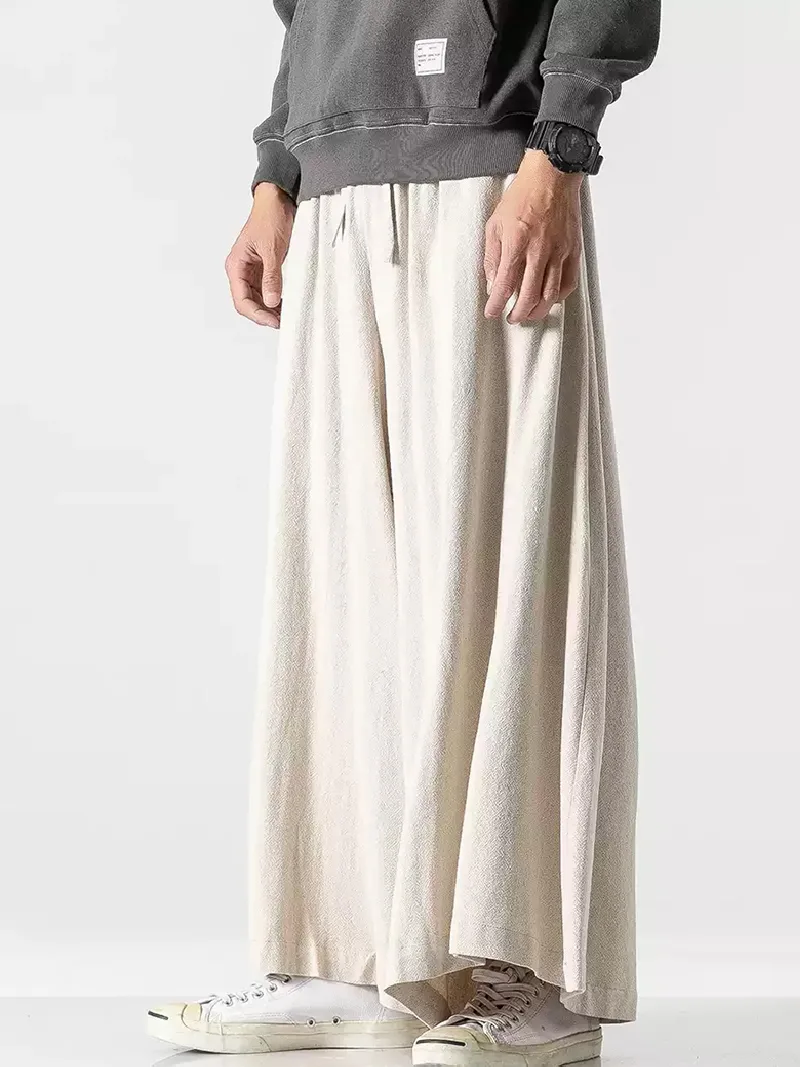 Chinese Tang suit pants, retro cotton-linen wide-leg trousers, loose Harajuku style vintage long pants for men