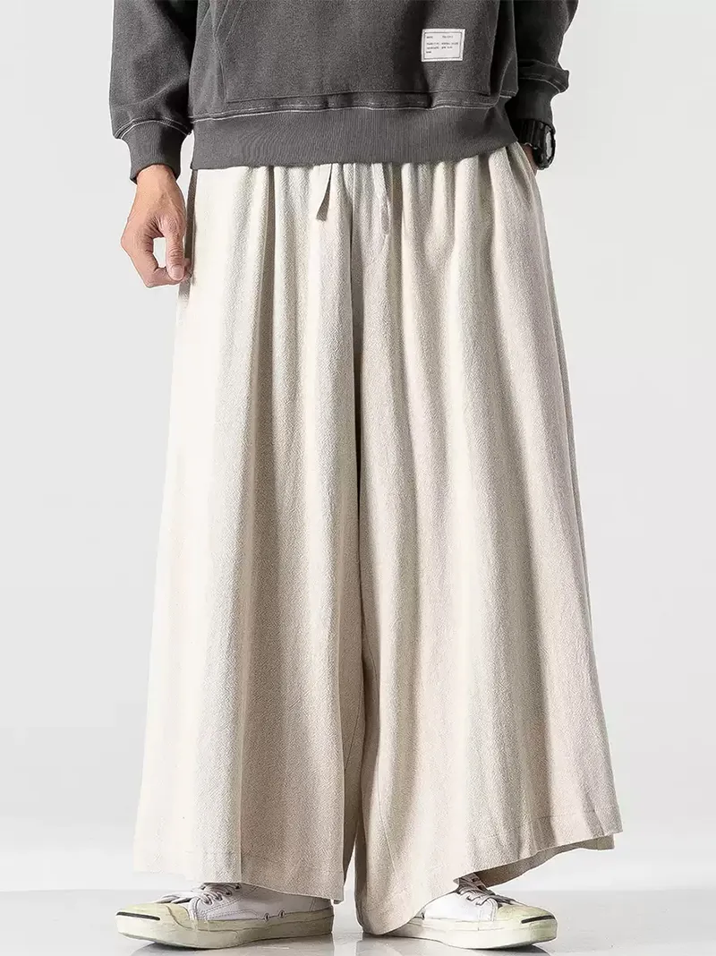 Chinese Tang suit pants, retro cotton-linen wide-leg trousers, loose Harajuku style vintage long pants for men