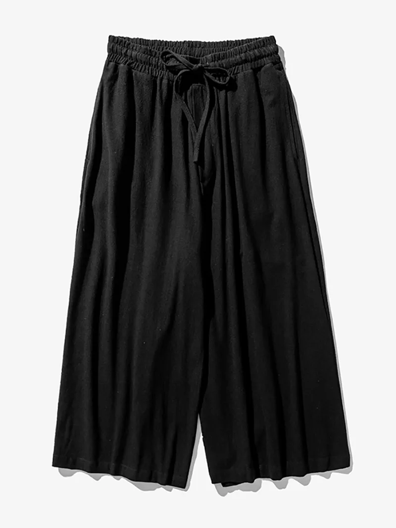 Chinese Tang suit pants, retro cotton-linen wide-leg trousers, loose Harajuku style vintage long pants for men
