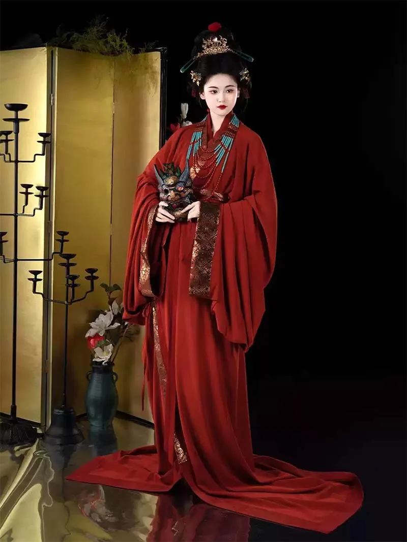 Red Warring States chinese traditional hanfu with gold brocade layered design for autumn and winter elegance