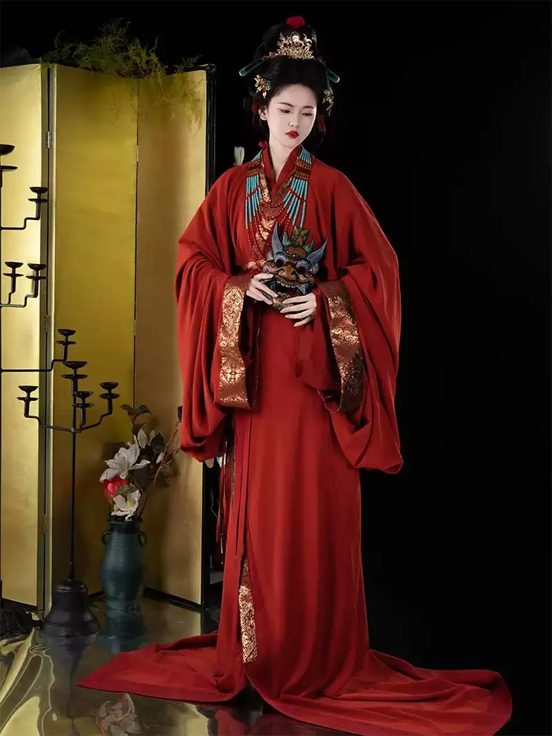 Red Warring States chinese traditional hanfu with gold brocade layered design for autumn and winter elegance
