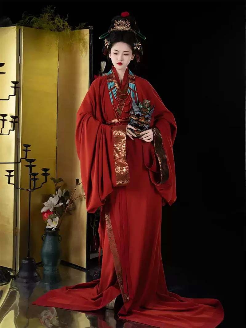 Red Warring States chinese traditional hanfu with gold brocade layered design for autumn and winter elegance