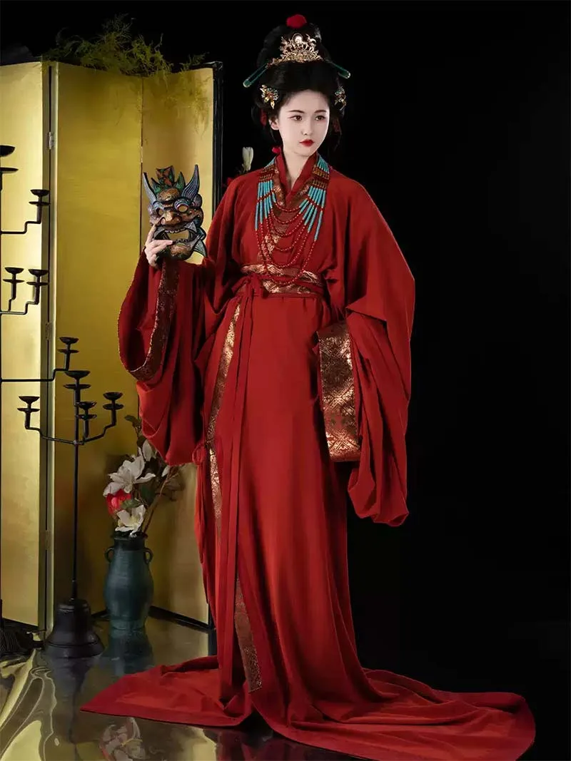 Red Warring States chinese traditional hanfu with gold brocade layered design for autumn and winter elegance