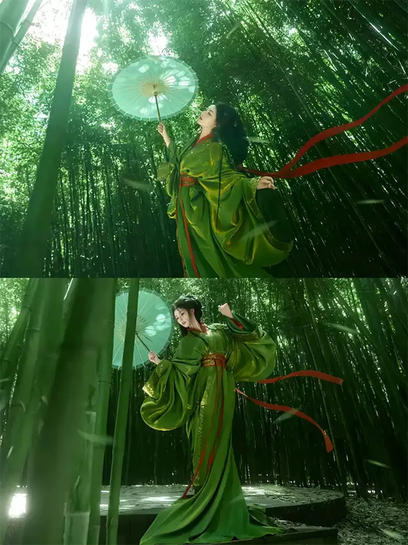 Red Chinese traditional hanfu dress inspired by Warring States robe with long trailing hem and wide flowing sleeves