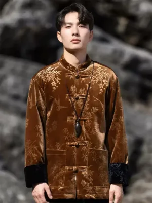 Chinese traditional Tang suit men’s velvet embossed cotton jacket with frog buttons, winter Zhongshan-style coat