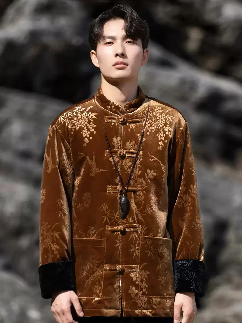 Chinese traditional Tang suit men’s velvet embossed cotton jacket with frog buttons, winter Zhongshan-style coat
