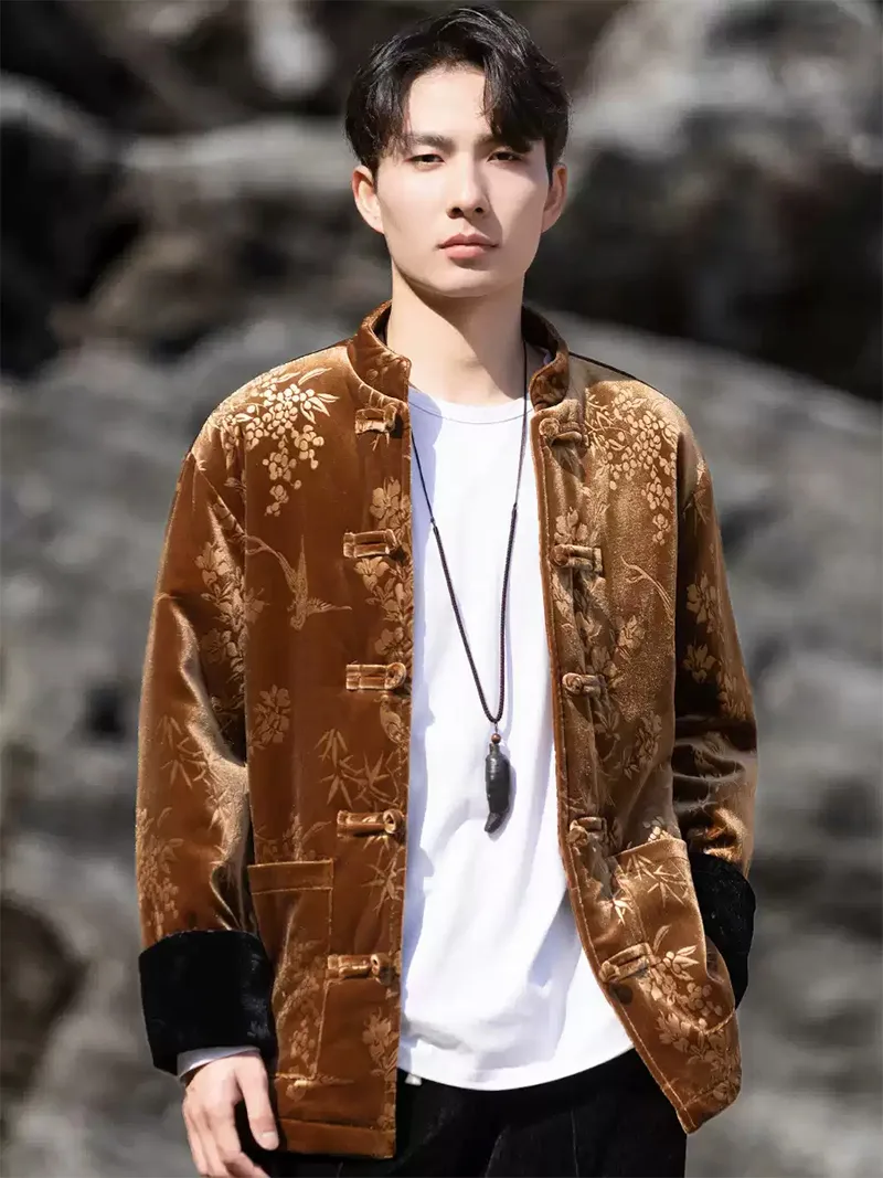 Chinese traditional Tang suit men’s velvet embossed cotton jacket with frog buttons, winter Zhongshan-style coat