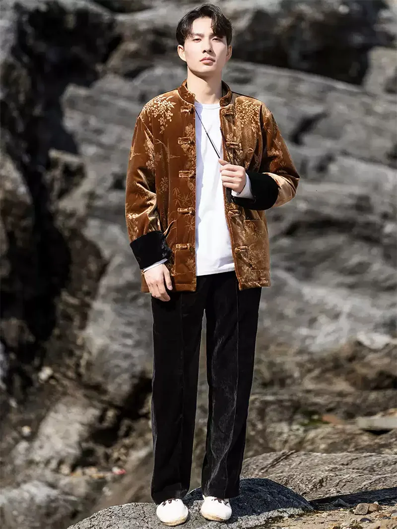 Chinese traditional Tang suit men’s velvet embossed cotton jacket with frog buttons, winter Zhongshan-style coat
