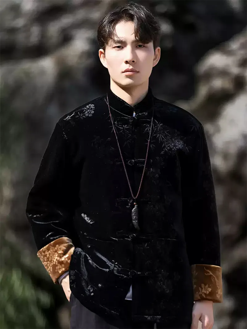 Chinese traditional Tang suit men’s velvet embossed cotton jacket with frog buttons, winter Zhongshan-style coat