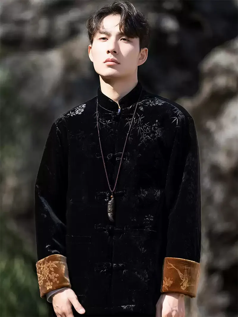 Chinese traditional Tang suit men’s velvet embossed cotton jacket with frog buttons, winter Zhongshan-style coat