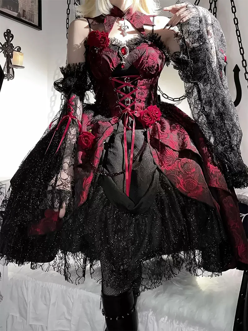 Elegant gothic Lolita dress with rose jacquard fabric, detachable sleeves, and black-red dark romantic design for parties or daily wear
