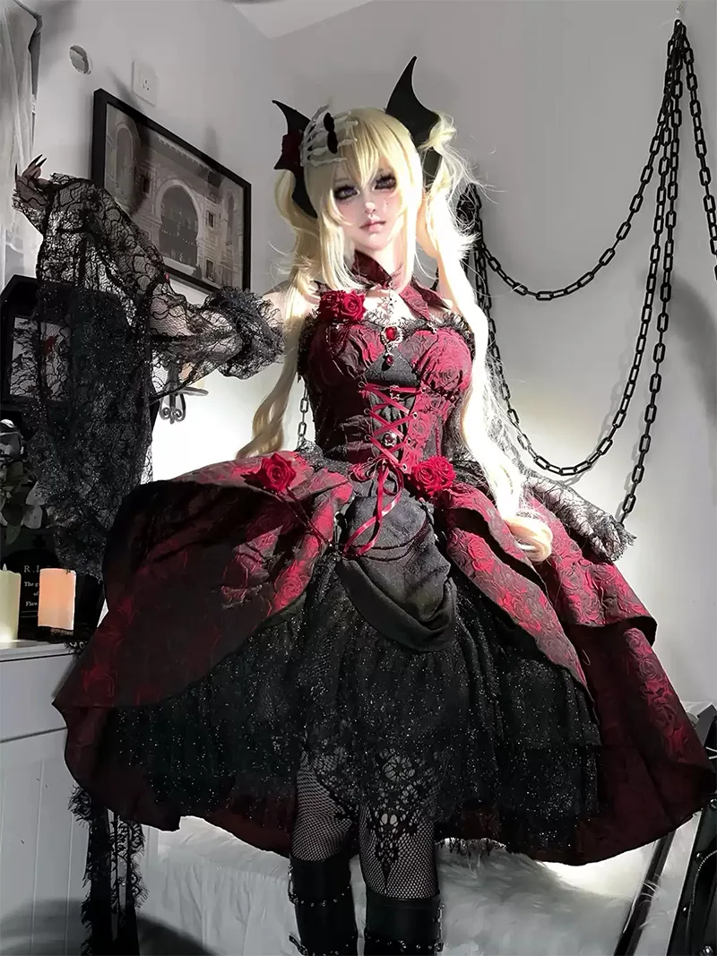 Elegant gothic Lolita dress with rose jacquard fabric, detachable sleeves, and black-red dark romantic design for parties or daily wear