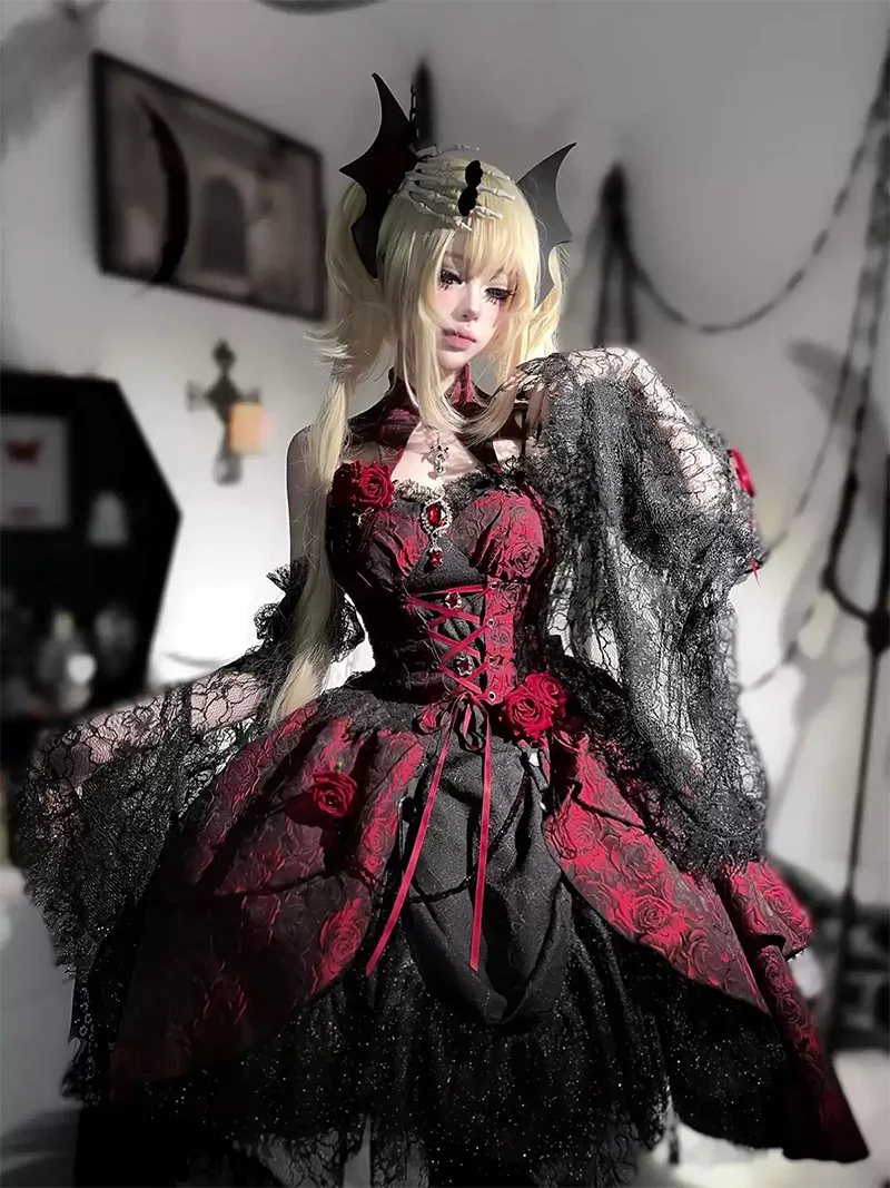 Elegant gothic Lolita dress with rose jacquard fabric, detachable sleeves, and black-red dark romantic design for parties or daily wear