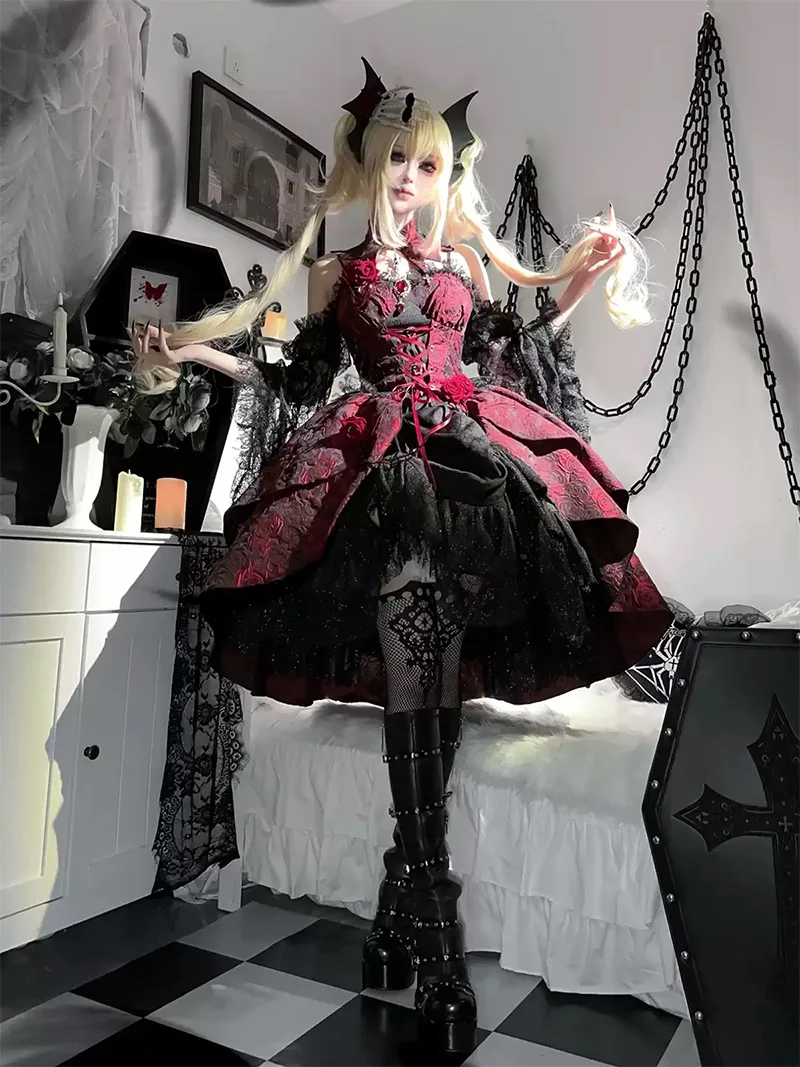 Elegant gothic Lolita dress with rose jacquard fabric, detachable sleeves, and black-red dark romantic design for parties or daily wear