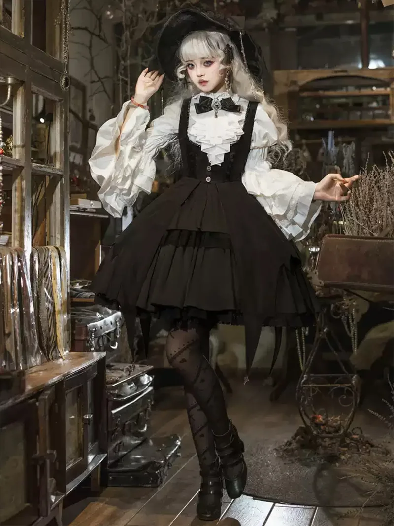 Elegant gothic lolita fashion witch OP dress set with dark magical details for a charming doll-like look