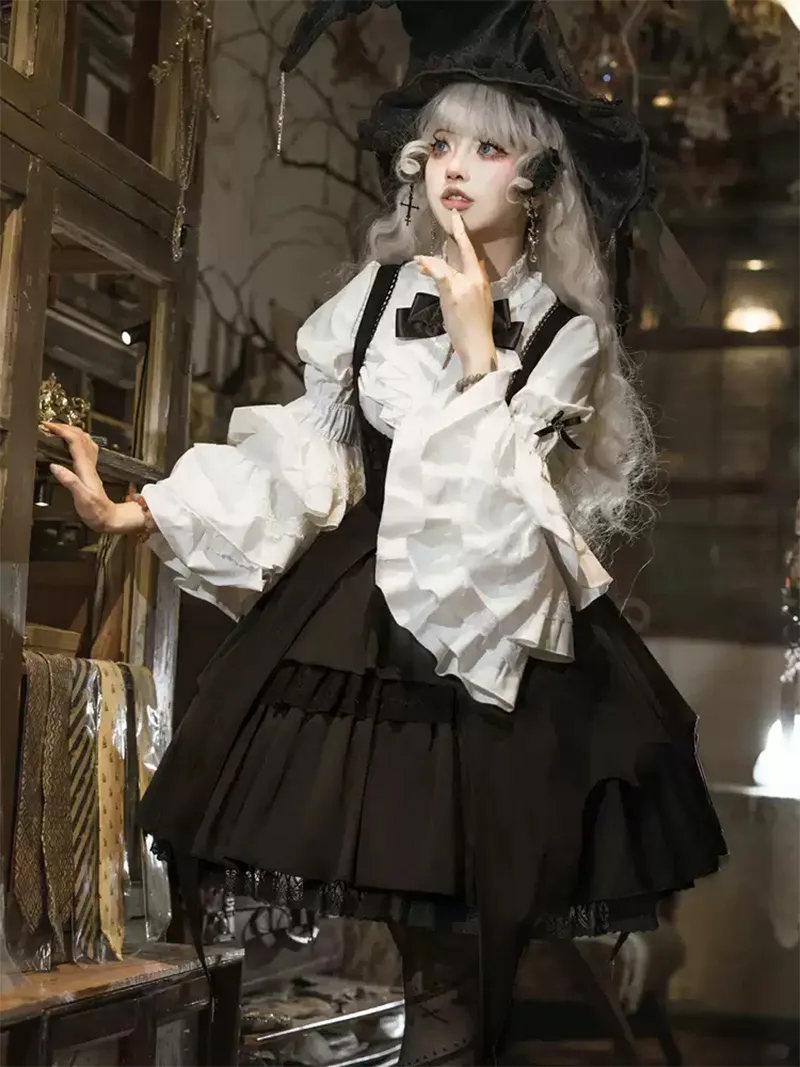 Elegant gothic lolita fashion witch OP dress set with dark magical details for a charming doll-like look
