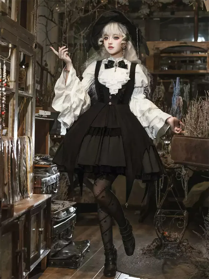 Elegant gothic lolita fashion witch OP dress set with dark magical details for a charming doll-like look