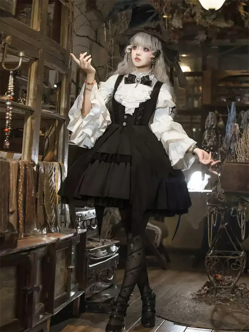 Elegant gothic lolita fashion witch OP dress set with dark magical details for a charming doll-like look
