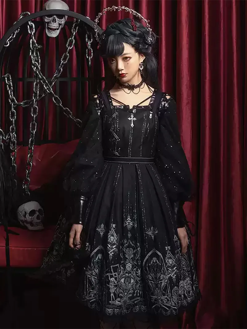 Elegant gothic lollita dress with red heart eye vintage JSK design for dark romantic style