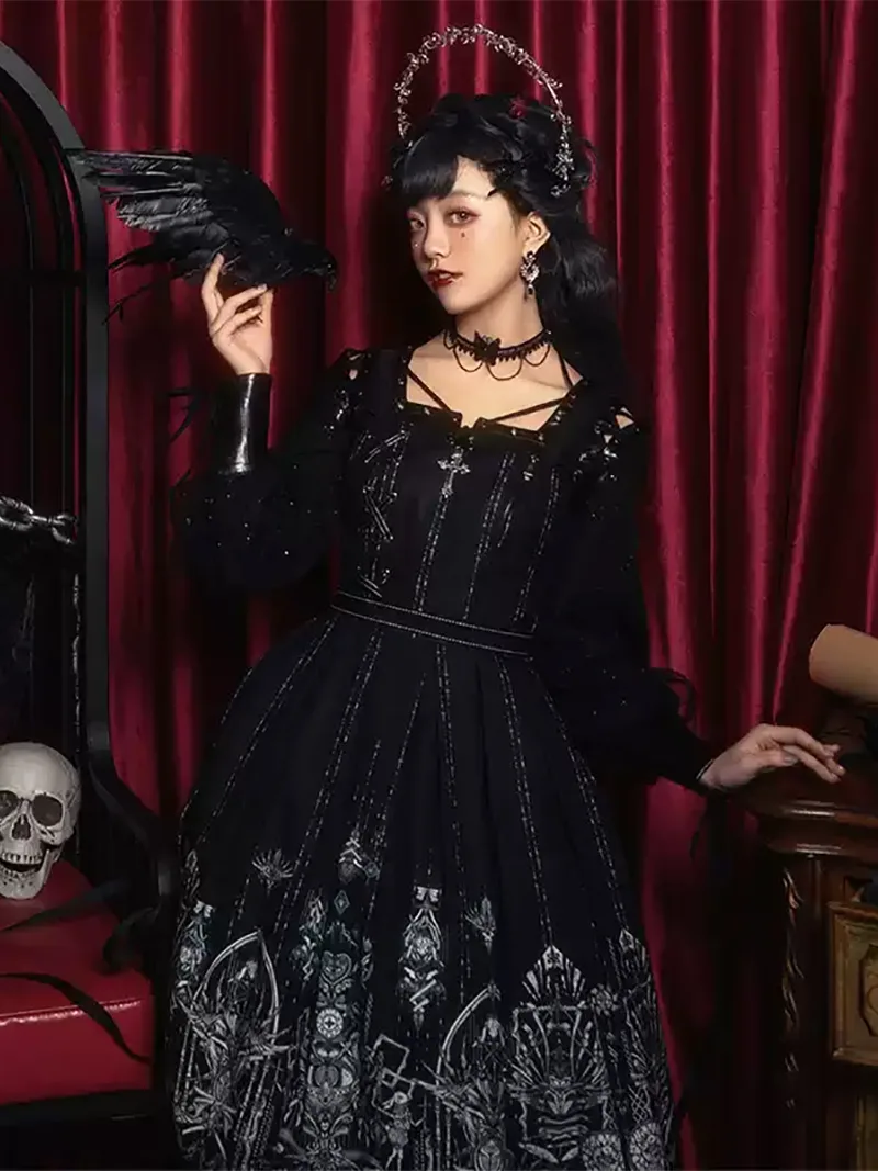 Elegant gothic lollita dress with red heart eye vintage JSK design for dark romantic style