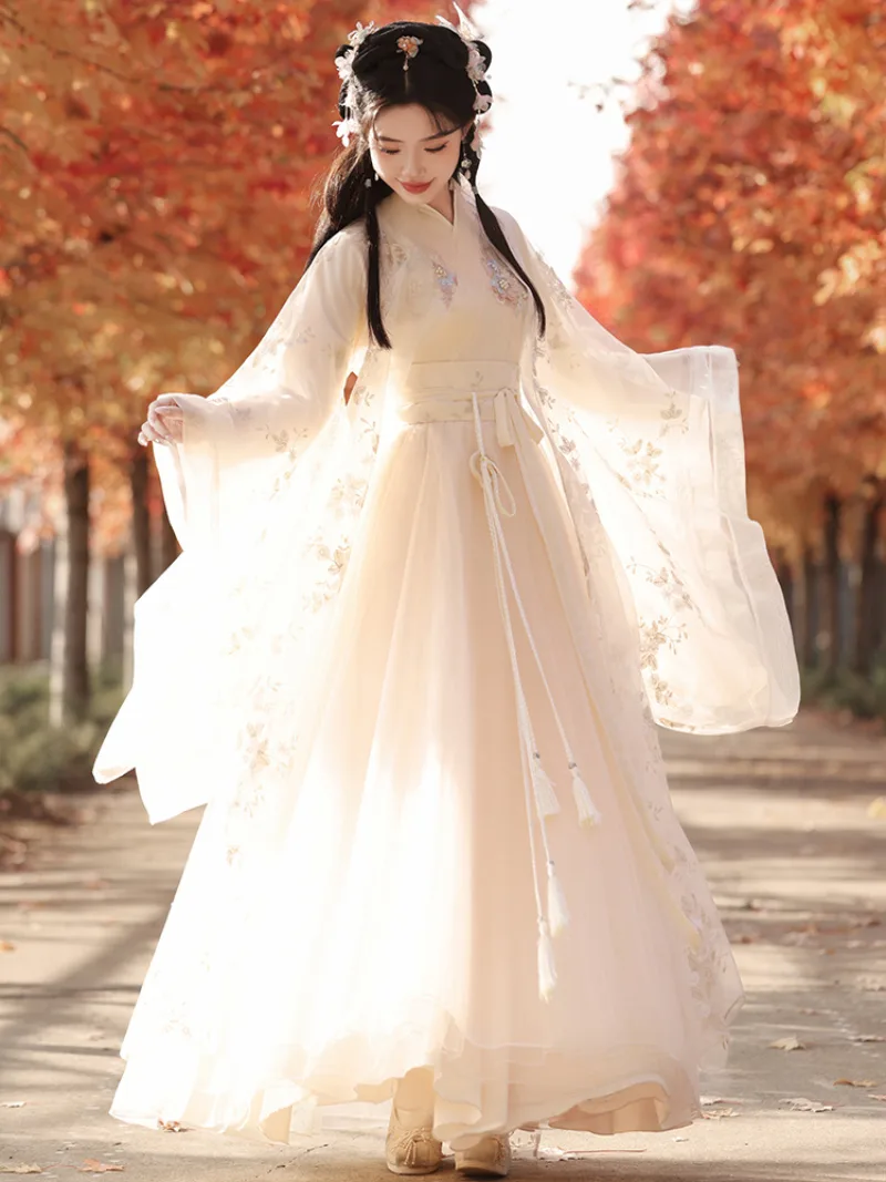 Elegant hanfu dress for women with wide sleeves, flowing fairy-style skirt, and graceful ancient Chinese design
