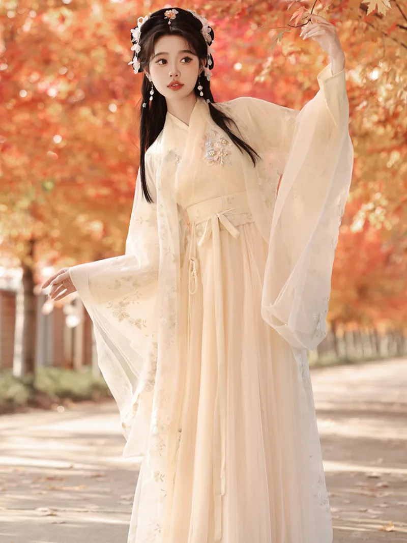 Elegant hanfu dress for women with wide sleeves, flowing fairy-style skirt, and graceful ancient Chinese design