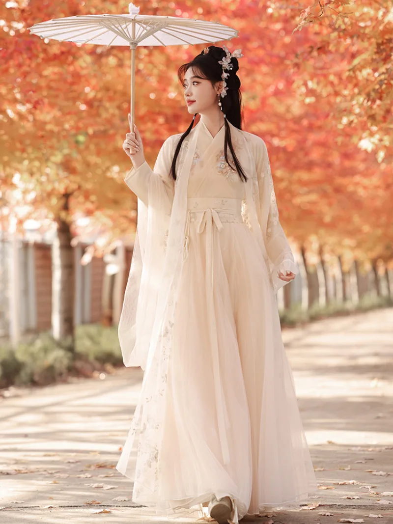Elegant hanfu dress for women with wide sleeves, flowing fairy-style skirt, and graceful ancient Chinese design