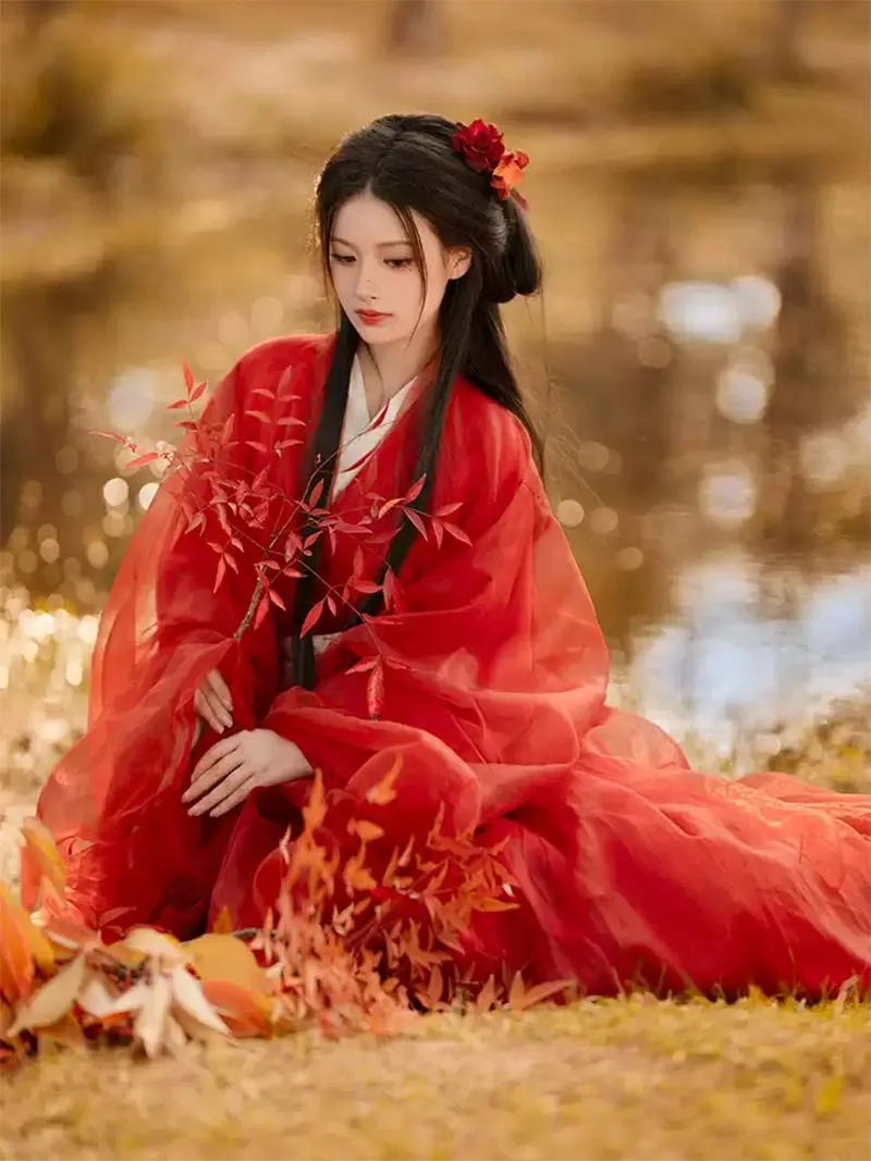 Red Hanfu dress female 2025 new Warring States robe with wide sleeves and cross-collar design, elegant ancient style
