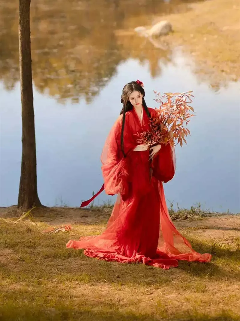 Red Hanfu dress female 2025 new Warring States robe with wide sleeves and cross-collar design, elegant ancient style