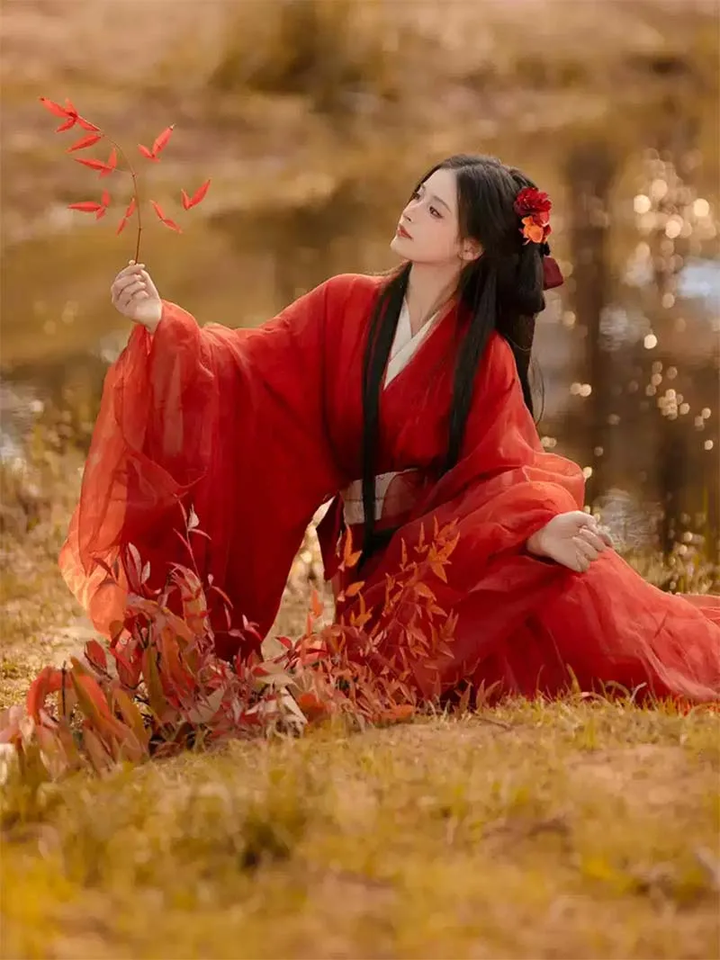 Red Hanfu dress female 2025 new Warring States robe with wide sleeves and cross-collar design, elegant ancient style