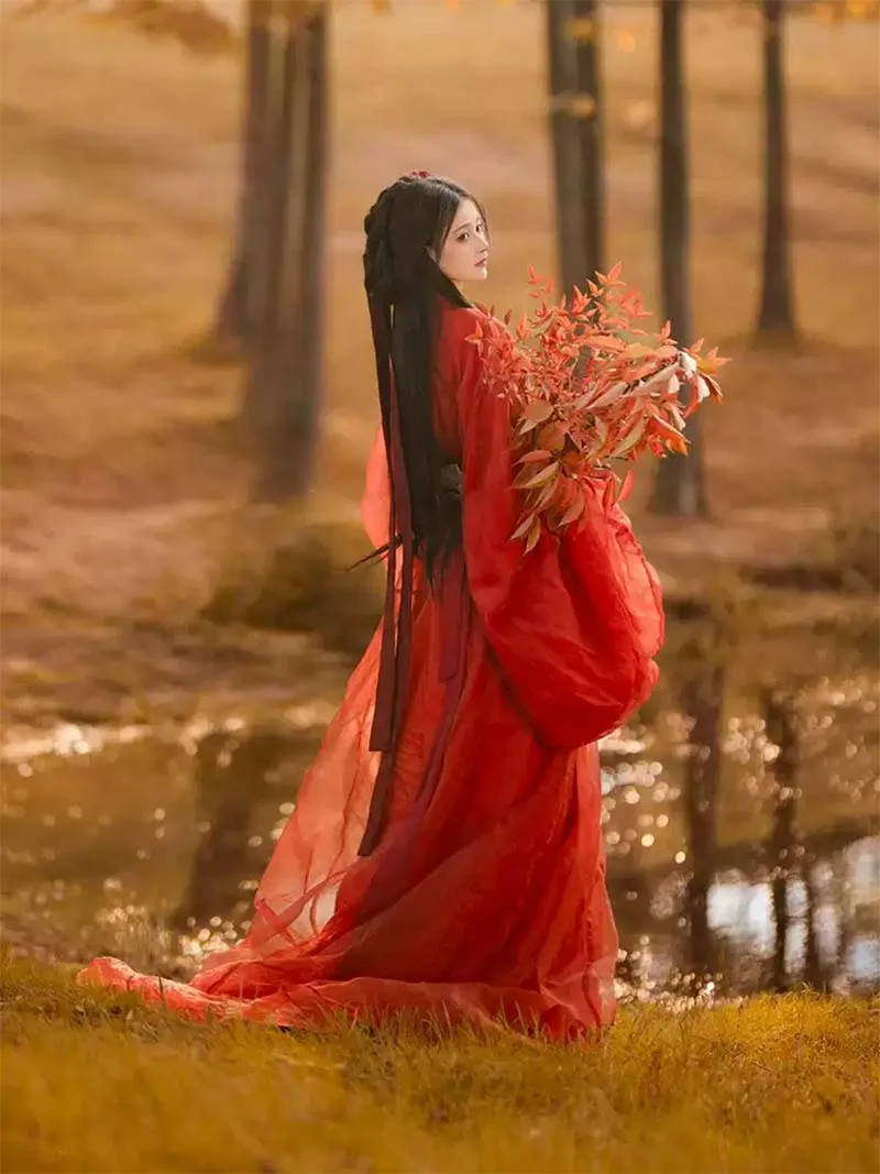 Red Hanfu dress female 2025 new Warring States robe with wide sleeves and cross-collar design, elegant ancient style