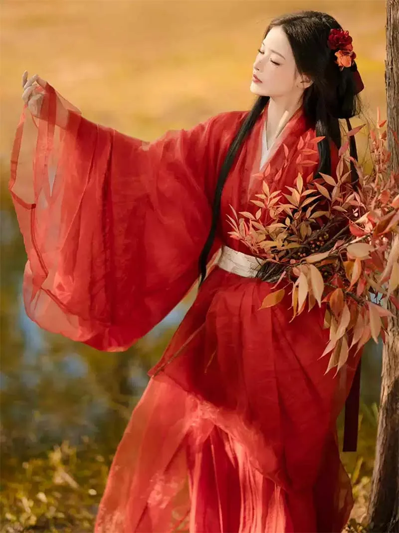 Red Hanfu dress female 2025 new Warring States robe with wide sleeves and cross-collar design, elegant ancient style