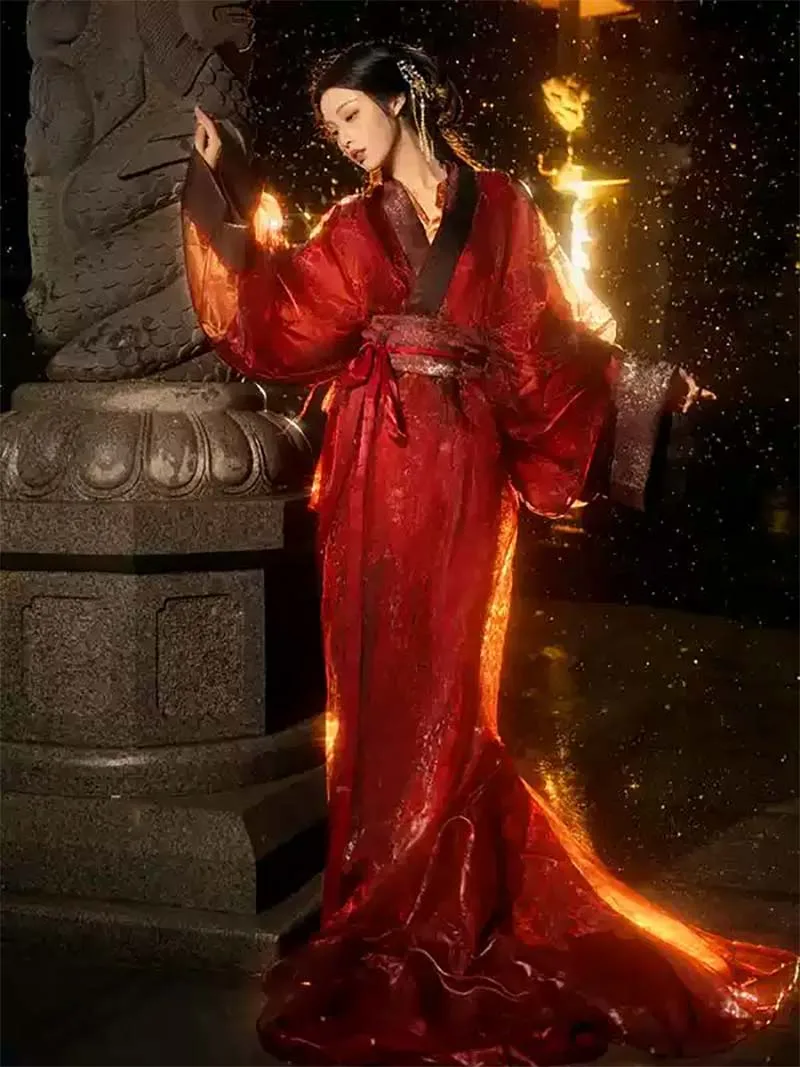 Red Hanfu dresses inspired by Warring States style with wide sleeves and straight hem for winter performances and cultural events