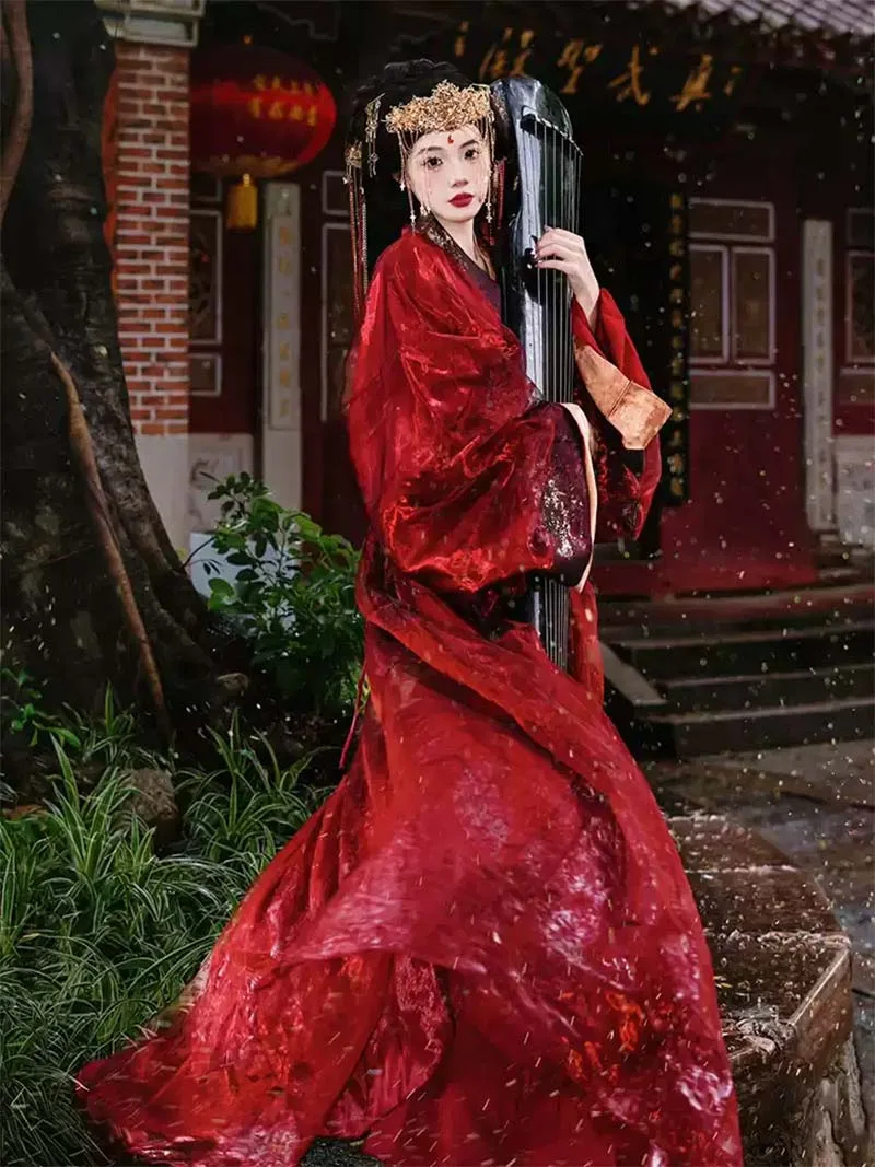 2025 red Hanfu female Warring States robe with cross-collar and wide sleeves, elegant subtle patterns traditional Chinese clothing