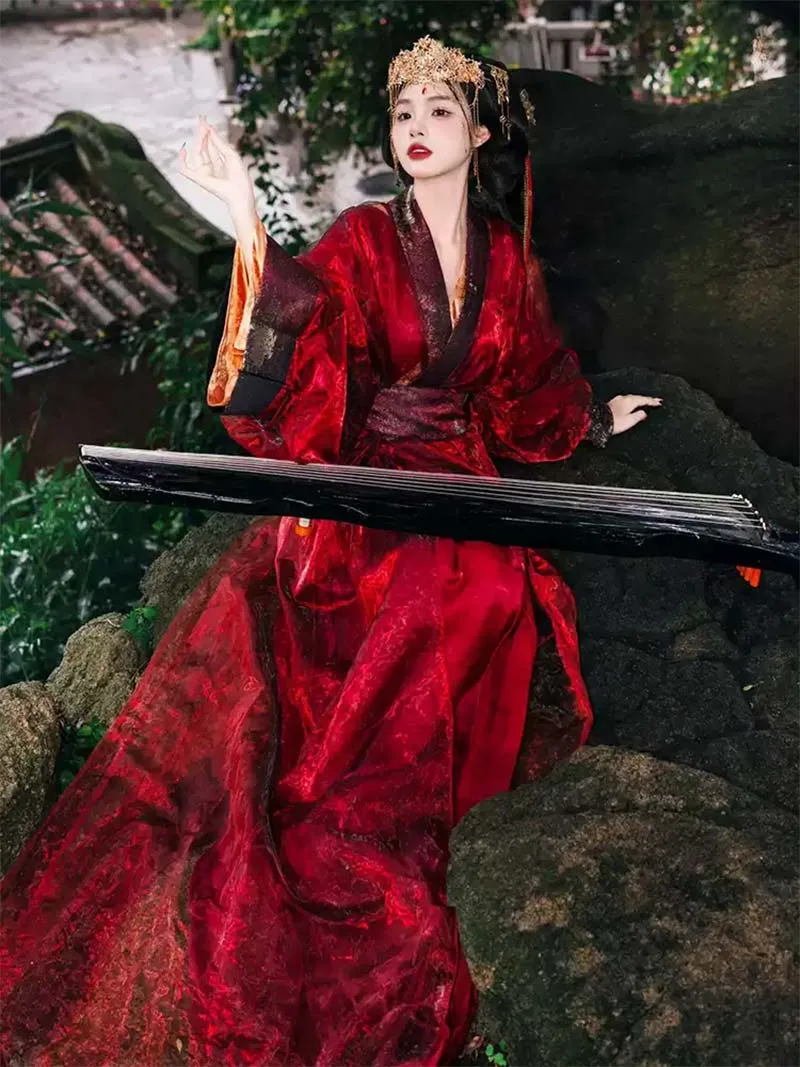 2025 red Hanfu female Warring States robe with cross-collar and wide sleeves, elegant subtle patterns traditional Chinese clothing