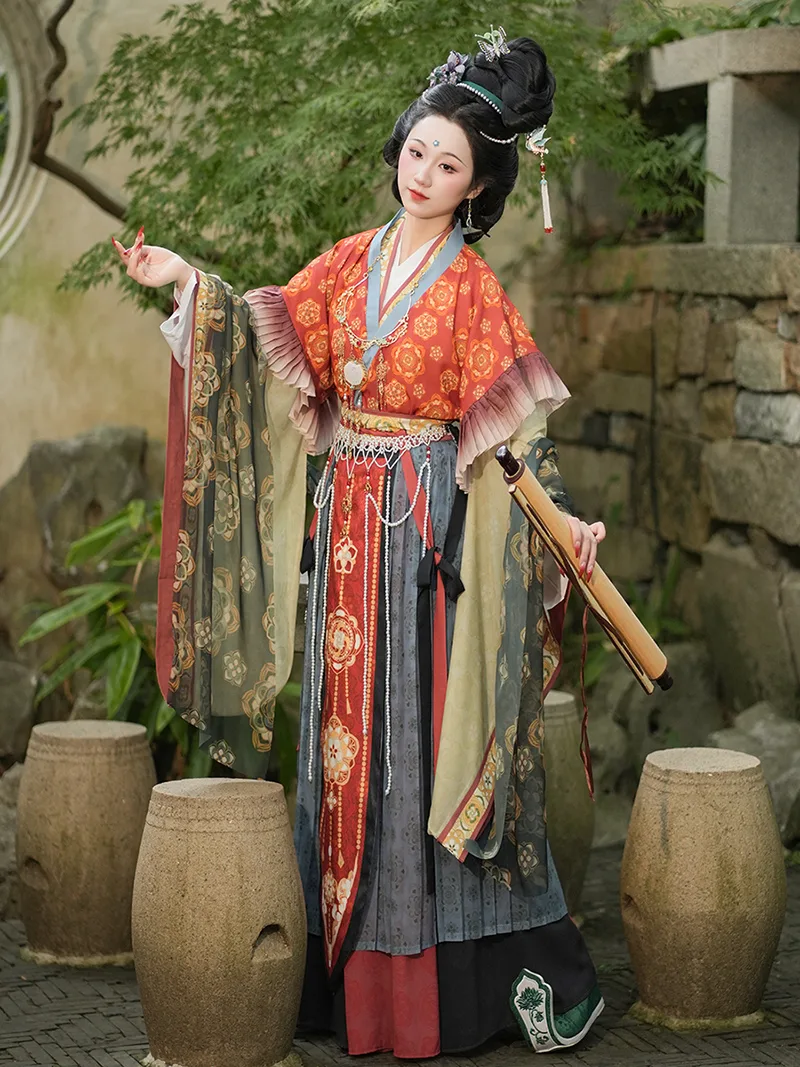 Elegant Hanfu in Chinese traditional style with flowing sleeves and fairy-inspired design