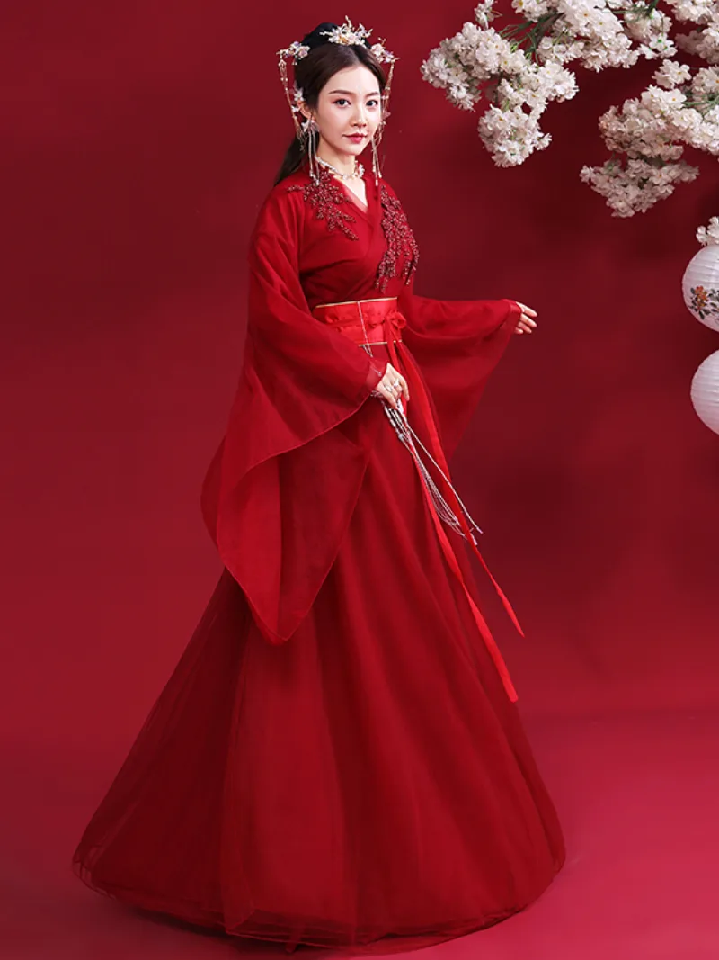 Elegant Hanfu red traditional Chinese dress for women with flowing fairy-like design for festivals and performances