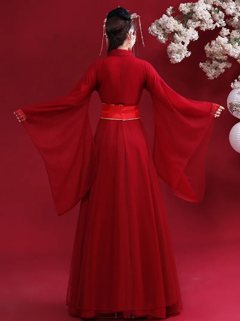 Elegant Hanfu red traditional Chinese dress for women with flowing fairy-like design for festivals and performances