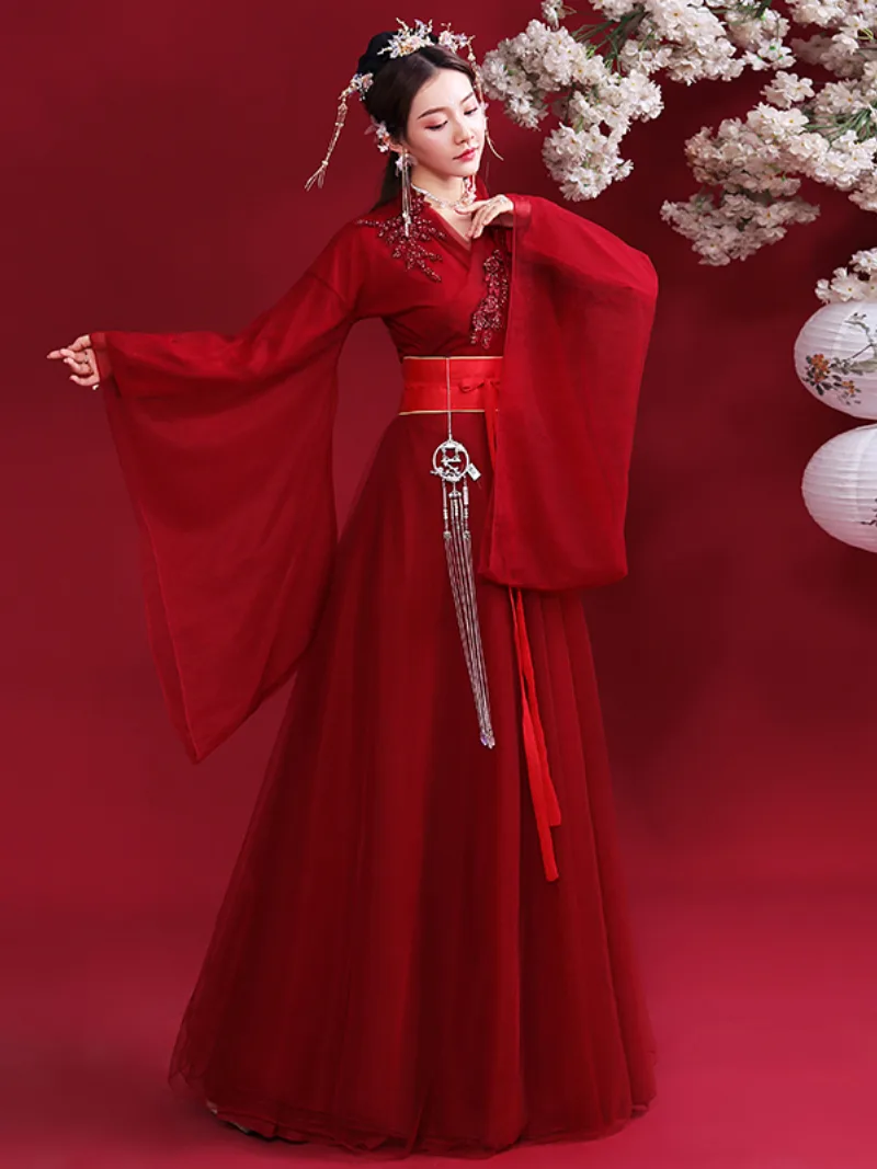 Elegant Hanfu red traditional Chinese dress for women with flowing fairy-like design for festivals and performances