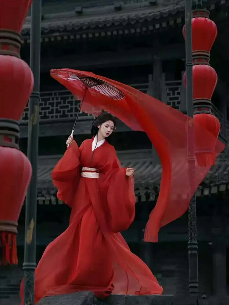 Red Warring States style Hanfu women dress, flowing train, elegant Mid-Autumn festival outfit
