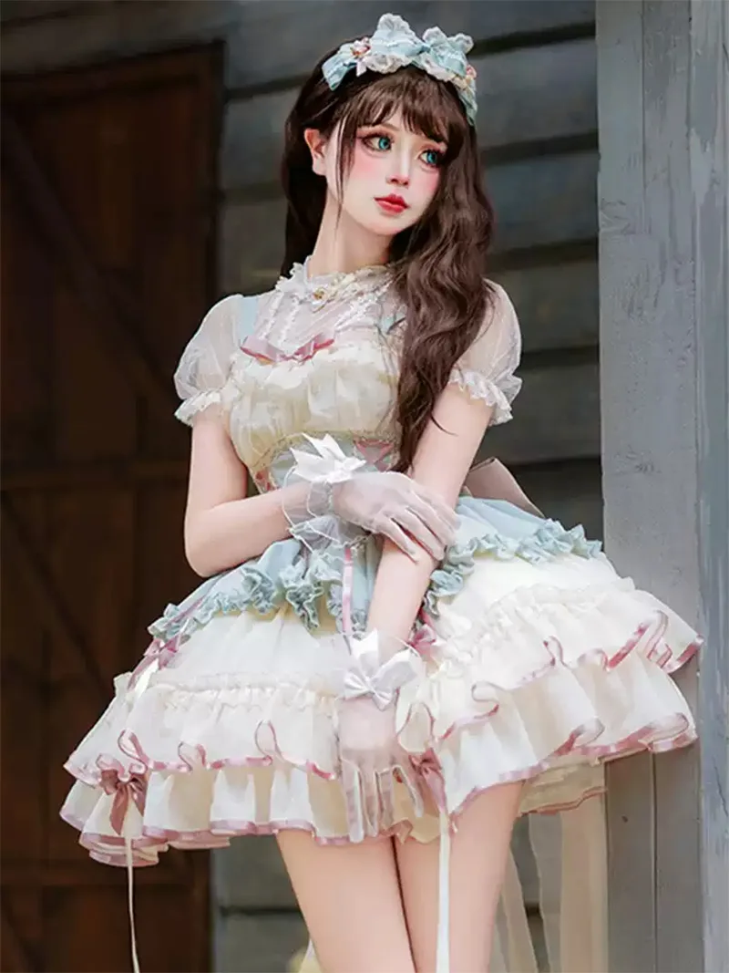 Original cute princess style Lolita dress JSK with sweet ruffles and ballerina-inspired straps for daily wear