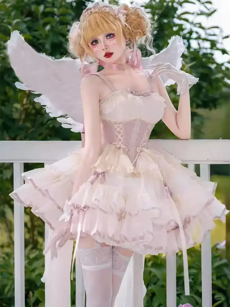 Original cute princess style Lolita dress JSK with sweet ruffles and ballerina-inspired straps for daily wear