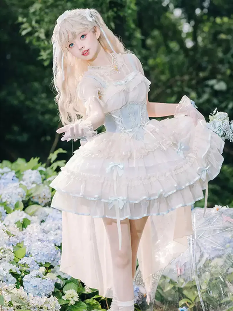 Original cute princess style Lolita dress JSK with sweet ruffles and ballerina-inspired straps for daily wear