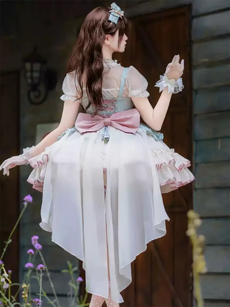 Original cute princess style Lolita dress JSK with sweet ruffles and ballerina-inspired straps for daily wear