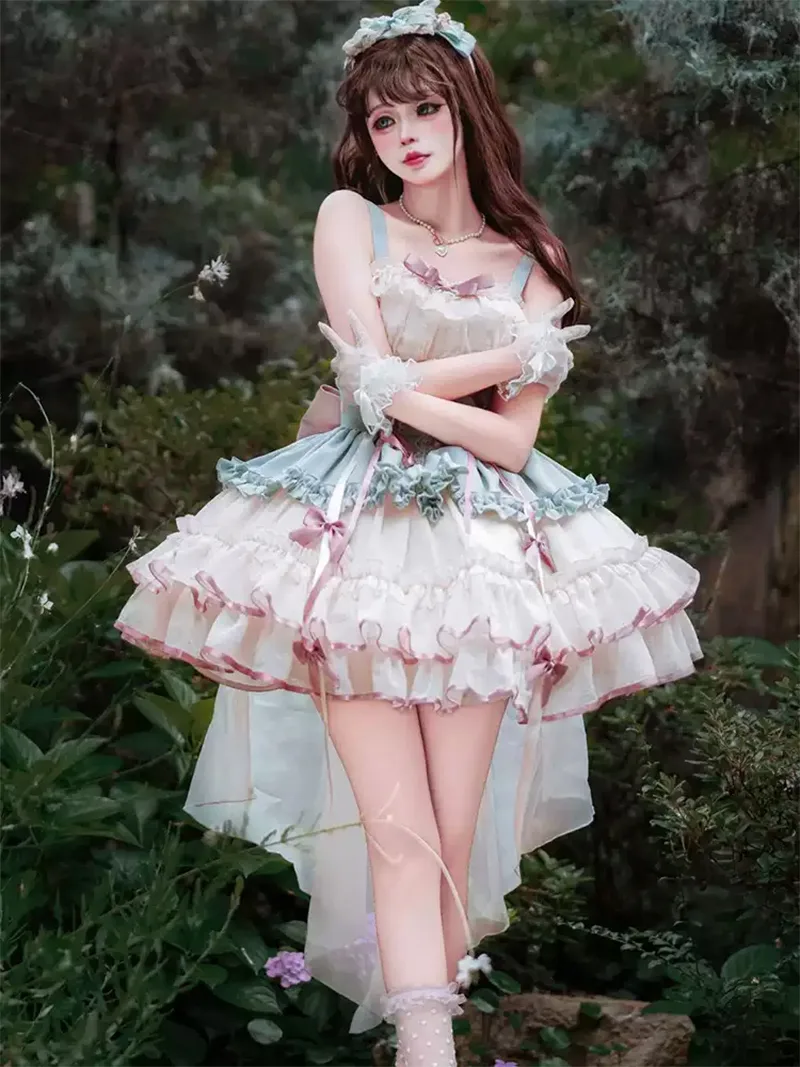 Original cute princess style Lolita dress JSK with sweet ruffles and ballerina-inspired straps for daily wear