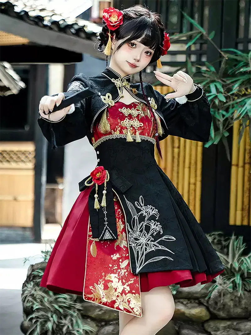 Original Chinese Gothic Lolita dresses with vintage design, elegant straps, and exquisite embroidery details for unique feminine charm.