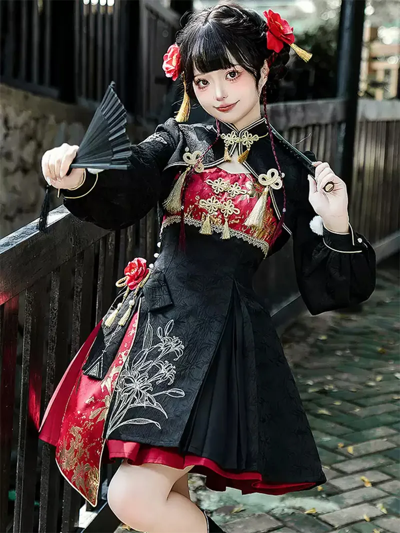 Original Chinese Gothic Lolita dresses with vintage design, elegant straps, and exquisite embroidery details for unique feminine charm.