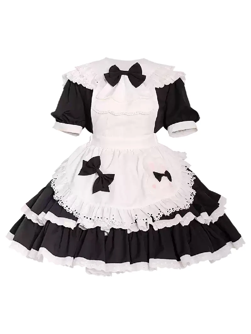 Classic black and white Lolita maid dress with lace apron and bow details, elegant original design