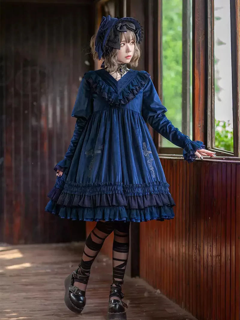 Elegant autumn Lolita outfit with embroidered Holy Fruit Manor OP dress and vintage lace details